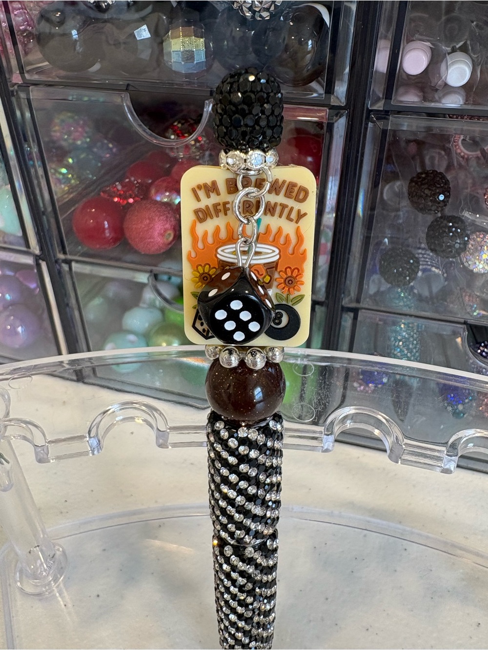 Handcrafted Rhinestone I’m Brewed Differently with Dice Accent Pen